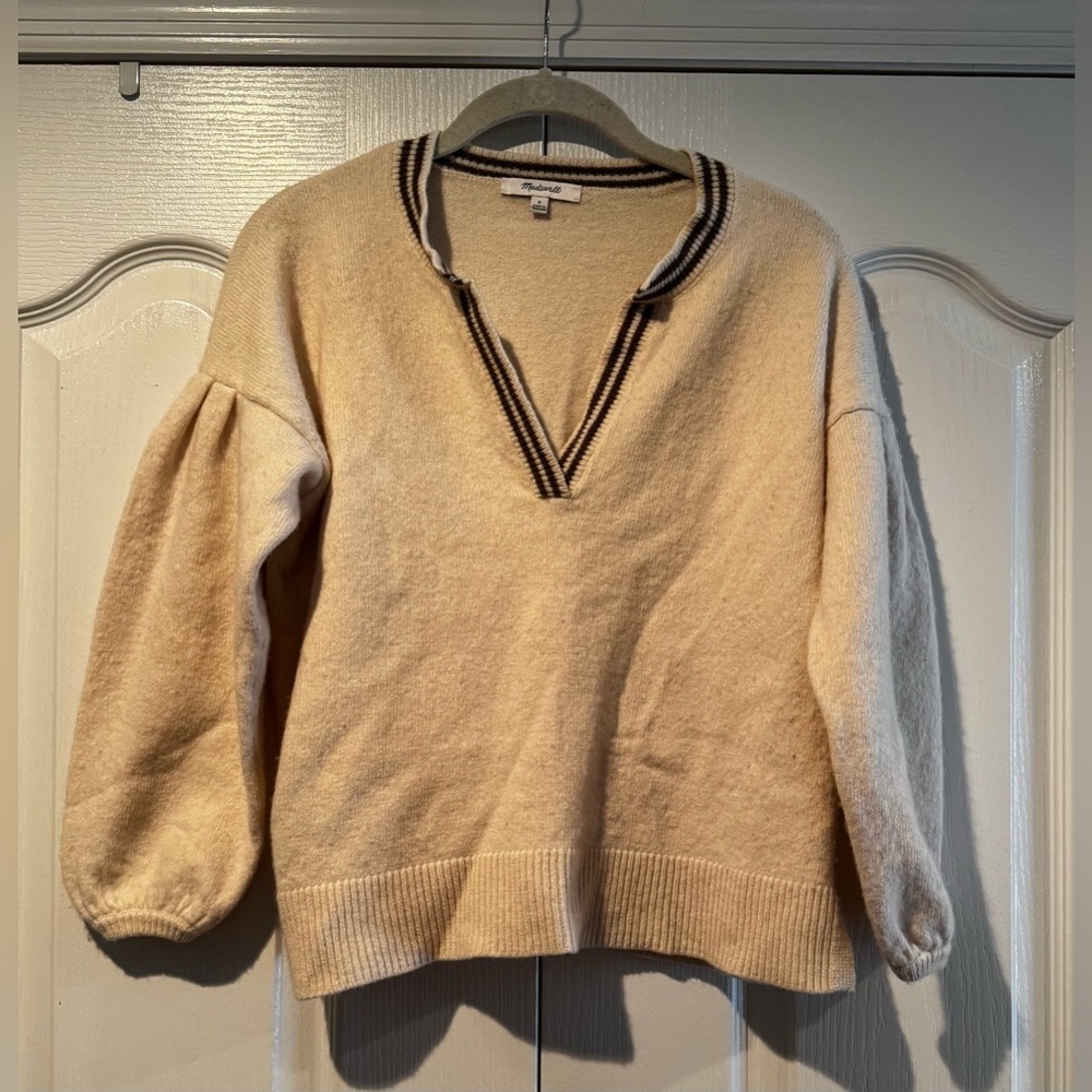 Madewell Antique Cream Wiltshire Sweater with Olive Green Trim - Size S - Picture 4 of 7